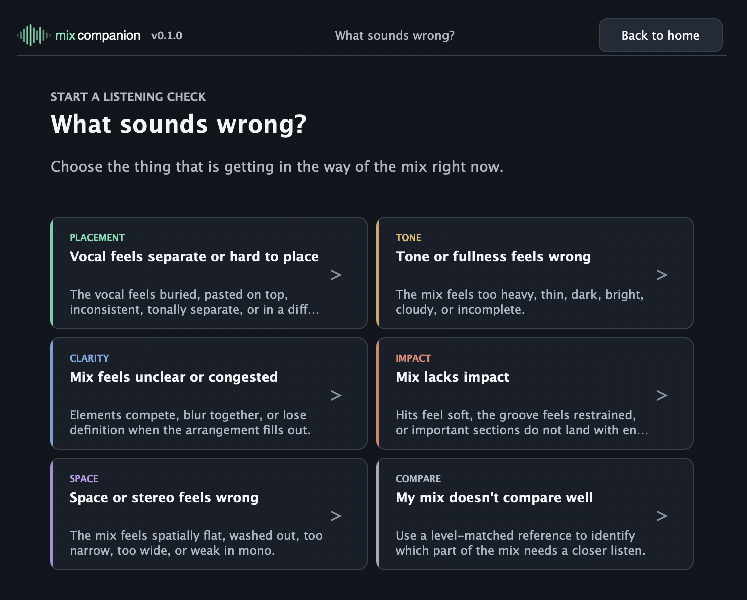Mix Companion plugin showing six listening-check categories inside a DAW