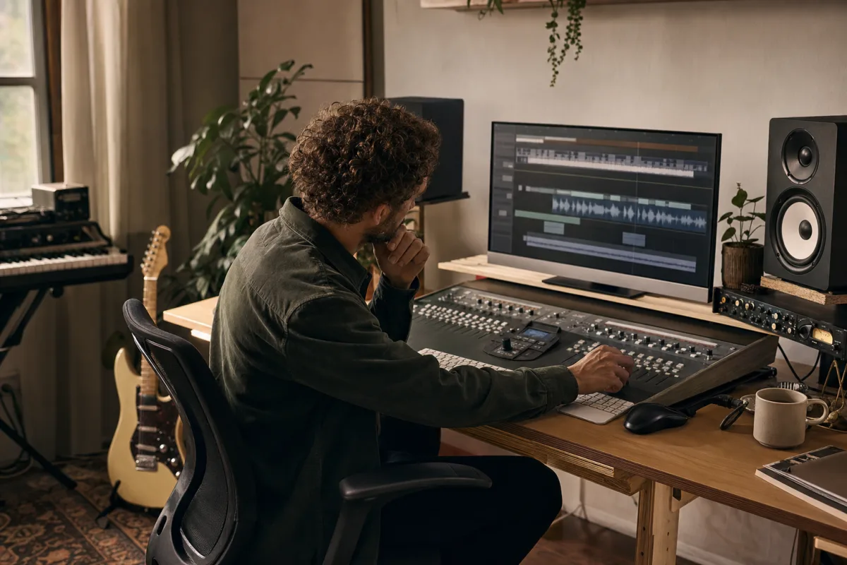 Musician working on a mix in a home studio